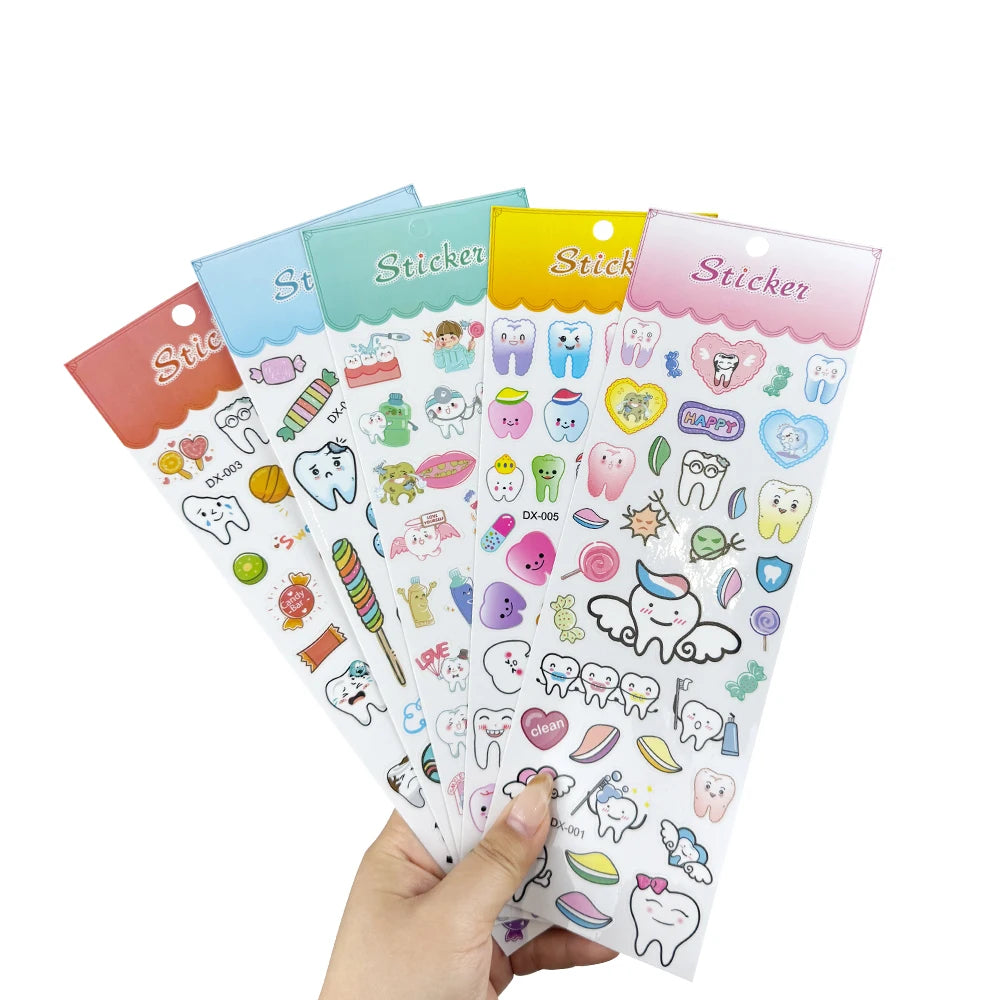 stickers cartoon dents souriantes animaux fleurs blanc rose vert bleu jaune orange rouge