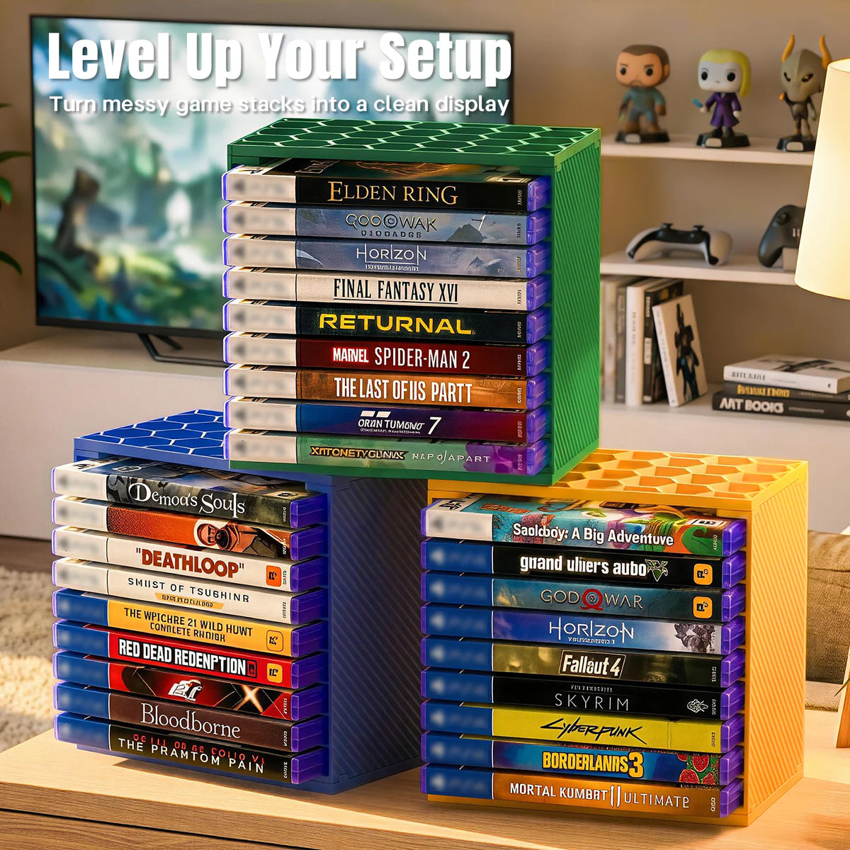 support rangement rack hexagonal moderne couleur vert bleu jaune étui cartes jeu stickers classification