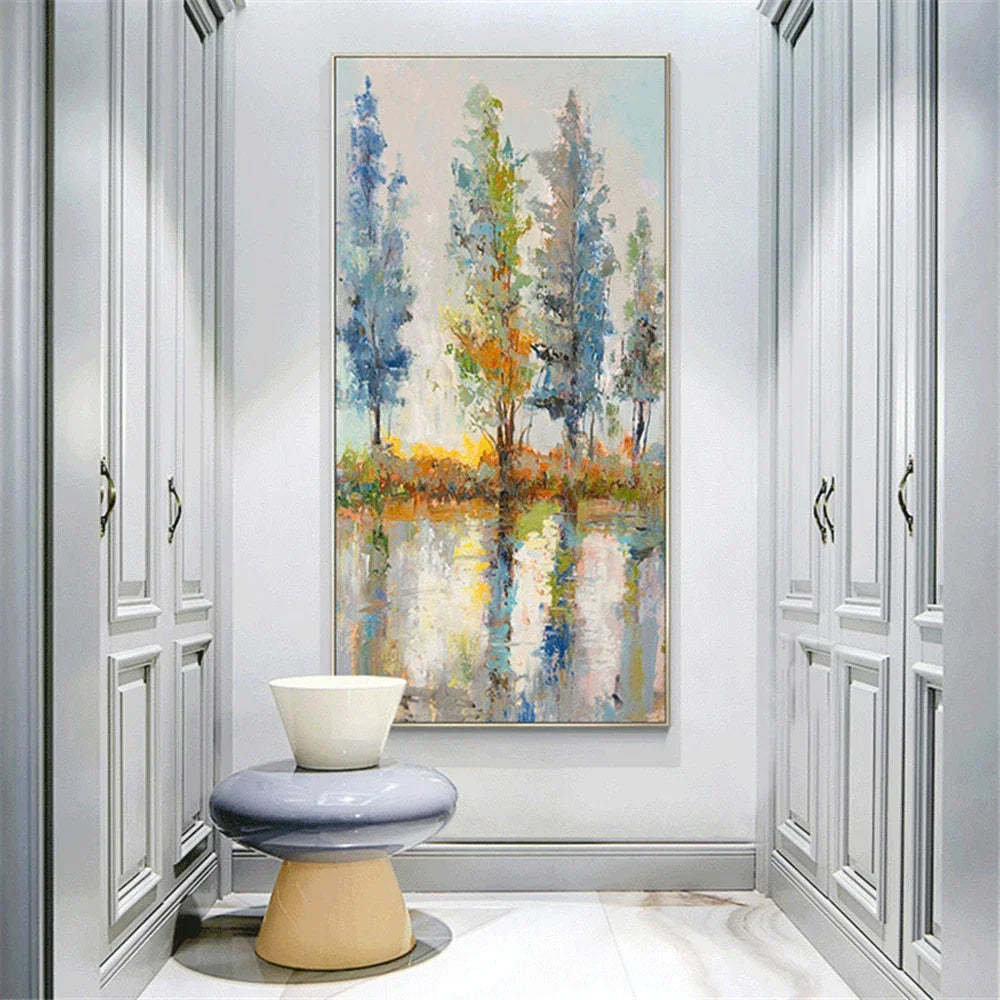tableau abstrait paysage arbre bleu vert jaune blanc gris moderne sans cadre toile peinture