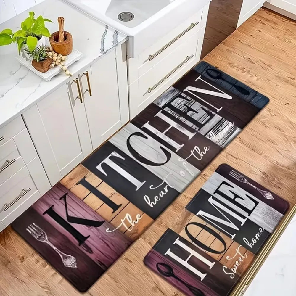 tapis cuisine marron blanc motifs bois fourchette moderne adhésif extérieur décoration maison