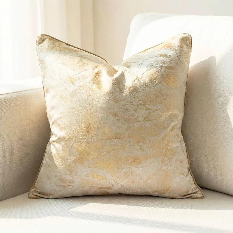 coussin carré jacquard géométrique contemporain beige gris bleu doré polyester 45x45cm