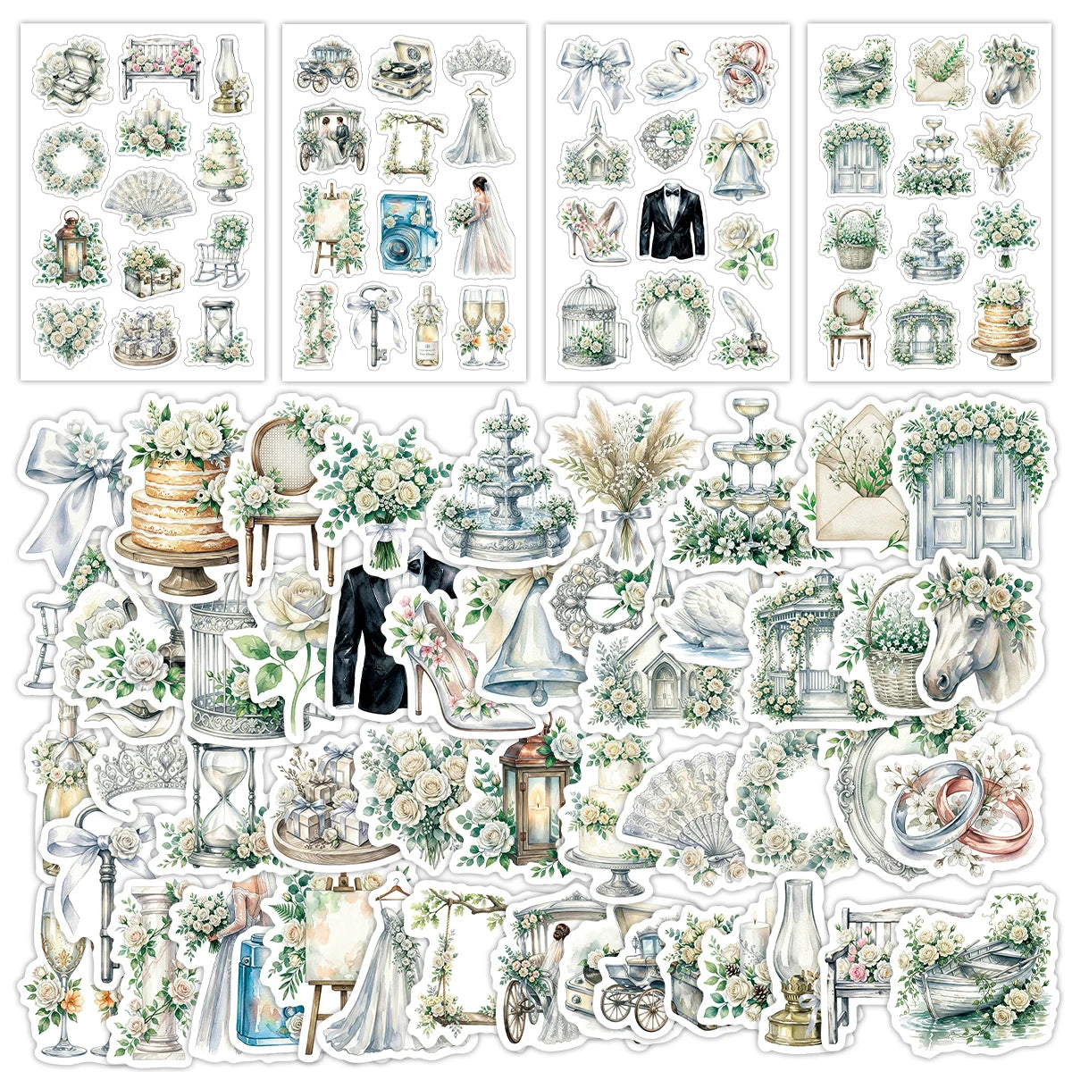 sticker mariage fleurs feuilles deco scrapbooking etiquettes cadeaux blanc vert beige rose gris adhesif
