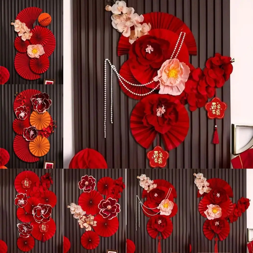 décoration murale papier artisanal fleurs rouges mariage traditionnelle fan dorées adhésif