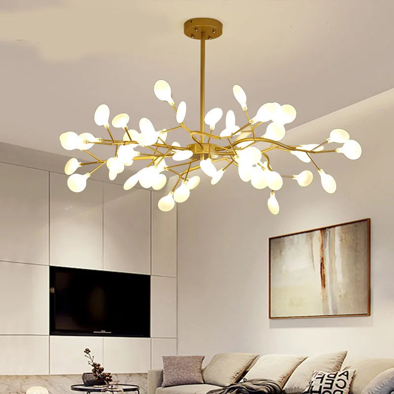 suspension lumineuse or blanc feuilles stylisées opalescente contemporaine 18 ampoules