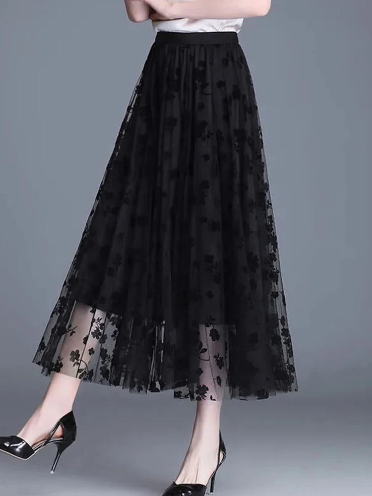 jupe fleurée beige noir gris classique élégante tulle polyester translucide été plissée taille haute
