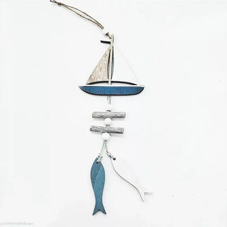 décoration murale suspendue bateau poisson gouvernail nautique bois texturé bleu blanc chambre salon