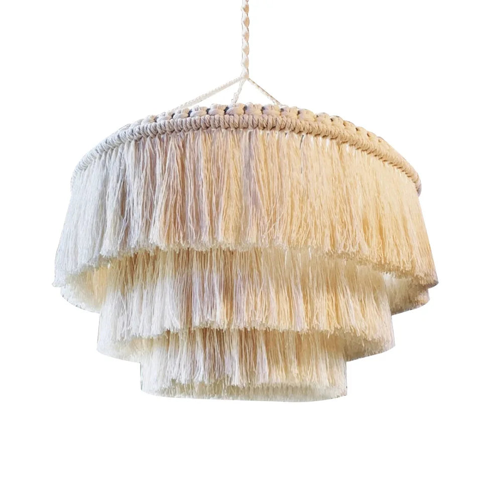 lampe suspendue macramé franges boho deco salon coton beige clair artisanal hand wash machine