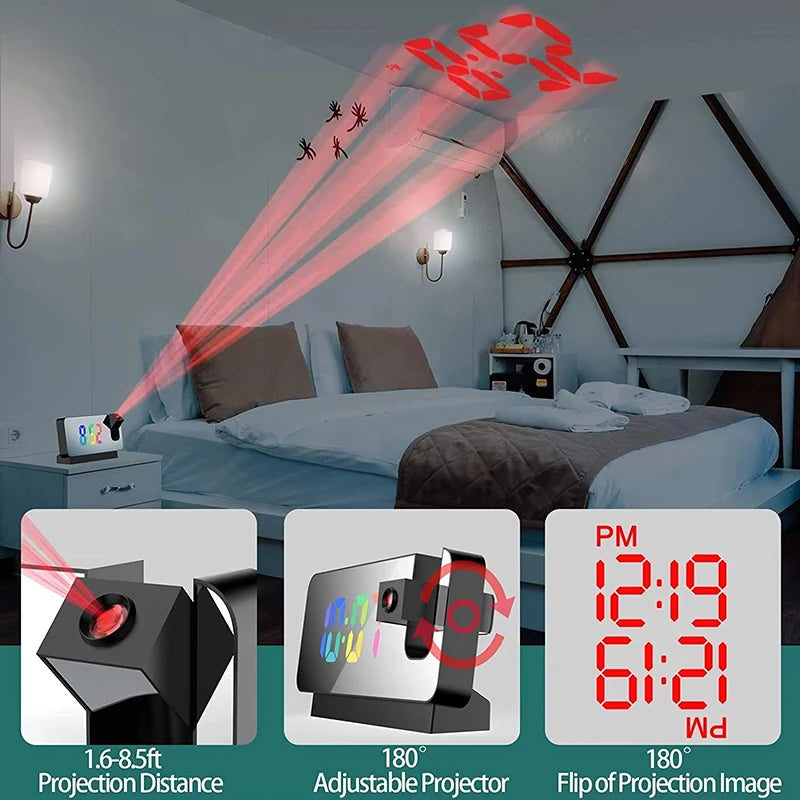 réveil projecteur miroir noir blanc écran led coloré moderne affichage lumineux réglable inclinaison chambre