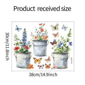 autocollant fenêtre multicolore fleurs pots métal vieilli papillons champêtre floral 38cm 30cm