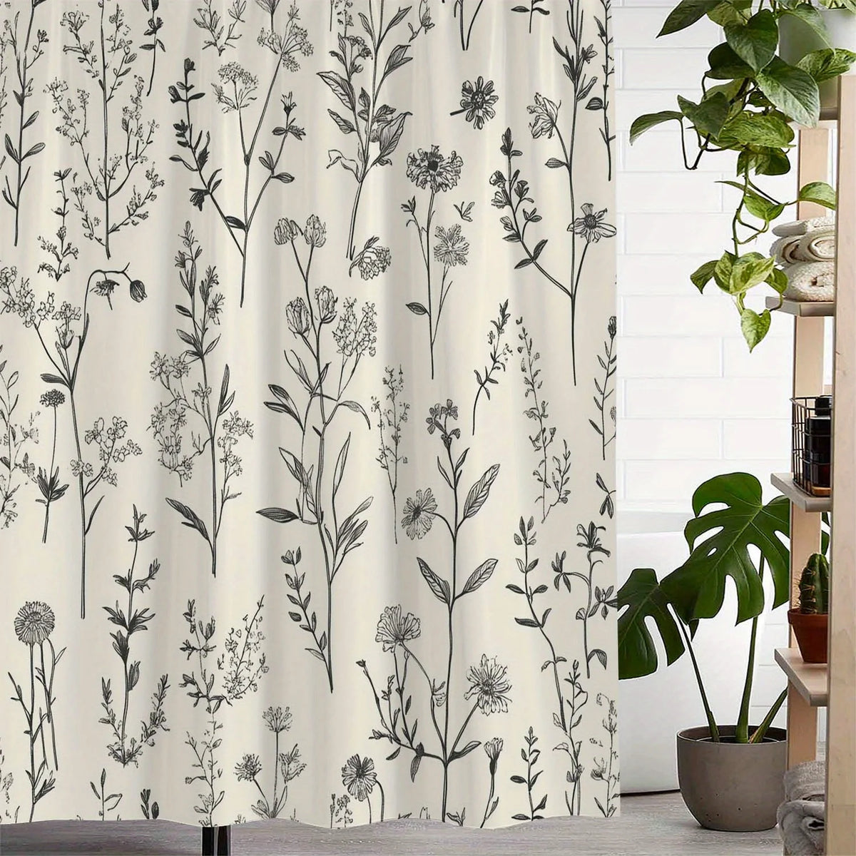 rideau douche botanique vintage motif floral gris noir tissu polyester respectueux environnement