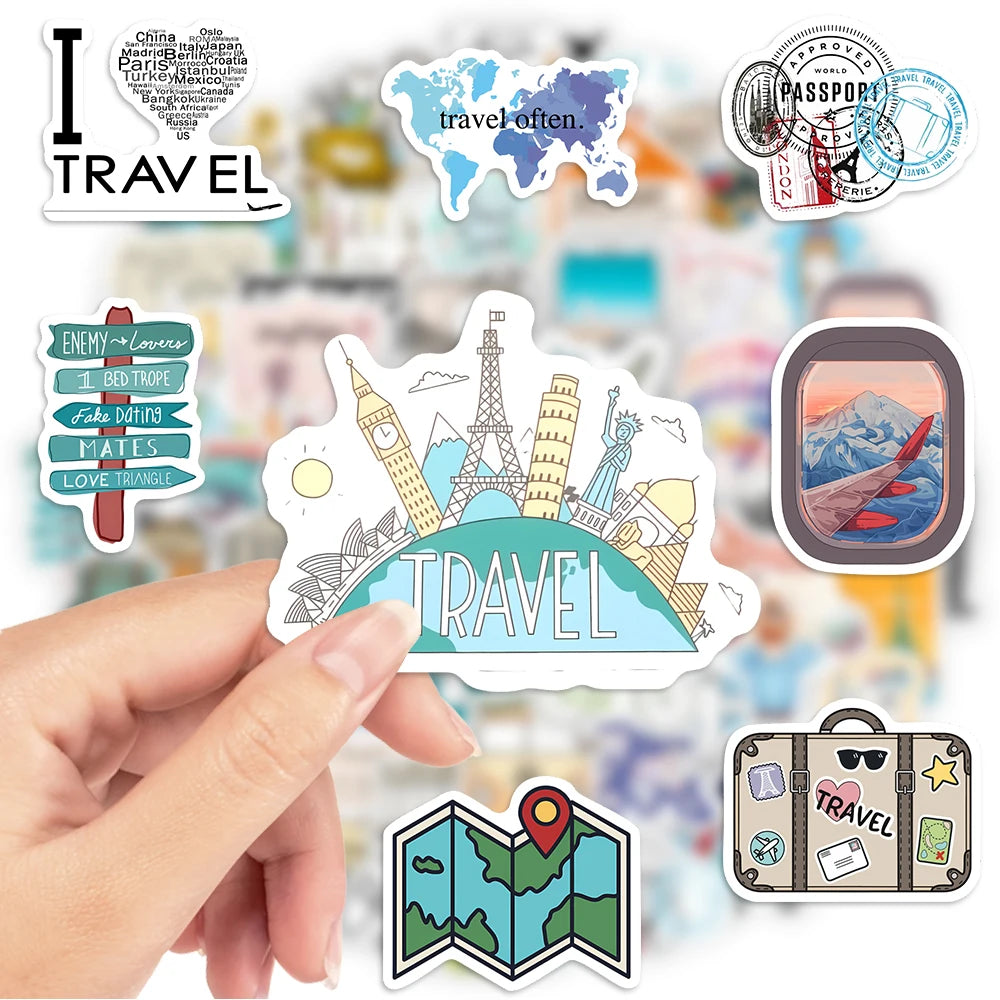 sticker voyage multicolore transparent adhésif illustration vectorielle globe caméra carte billet avion adultes adolescents