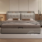 lit double moderne gris clair bois simili cuir tiroirs rangement tablette