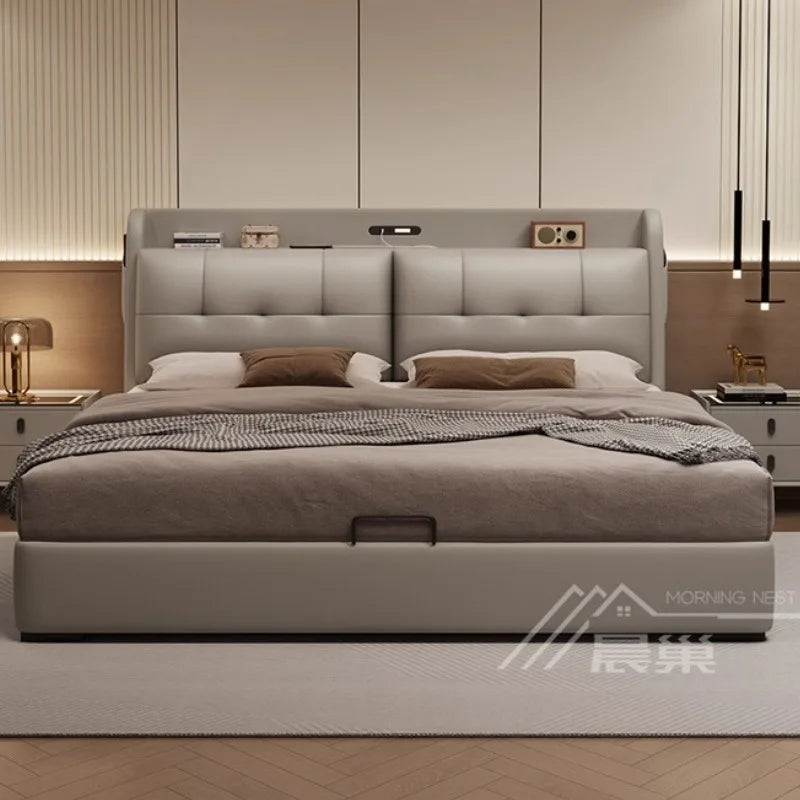 lit double moderne gris clair bois simili cuir tiroirs rangement tablette