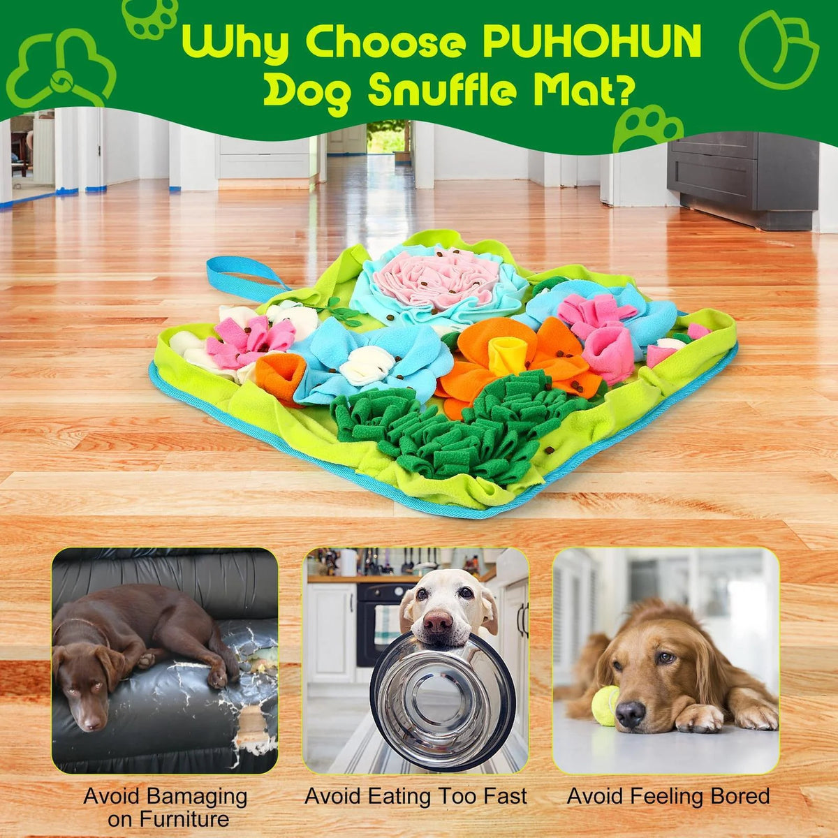 tapis jeu floral chien stimuler odorat fleurs relief couleurs vives ruban élastique vert blanc
