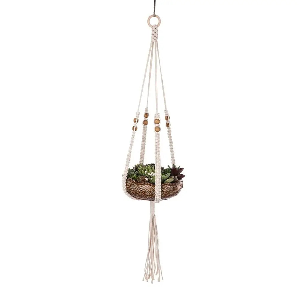 support plante suspendue macramé boho blanc beige noir artisanal anneaux métalliques pot plante