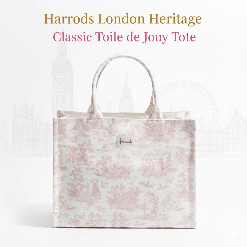 sac main toile blanc rose motif paysan classique pliable poignées détachables étiquette ruban doré