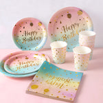 assiettes jetables rose bleu doré happy birthday confettis dorés serviettes verres festifs anniversaire mariage