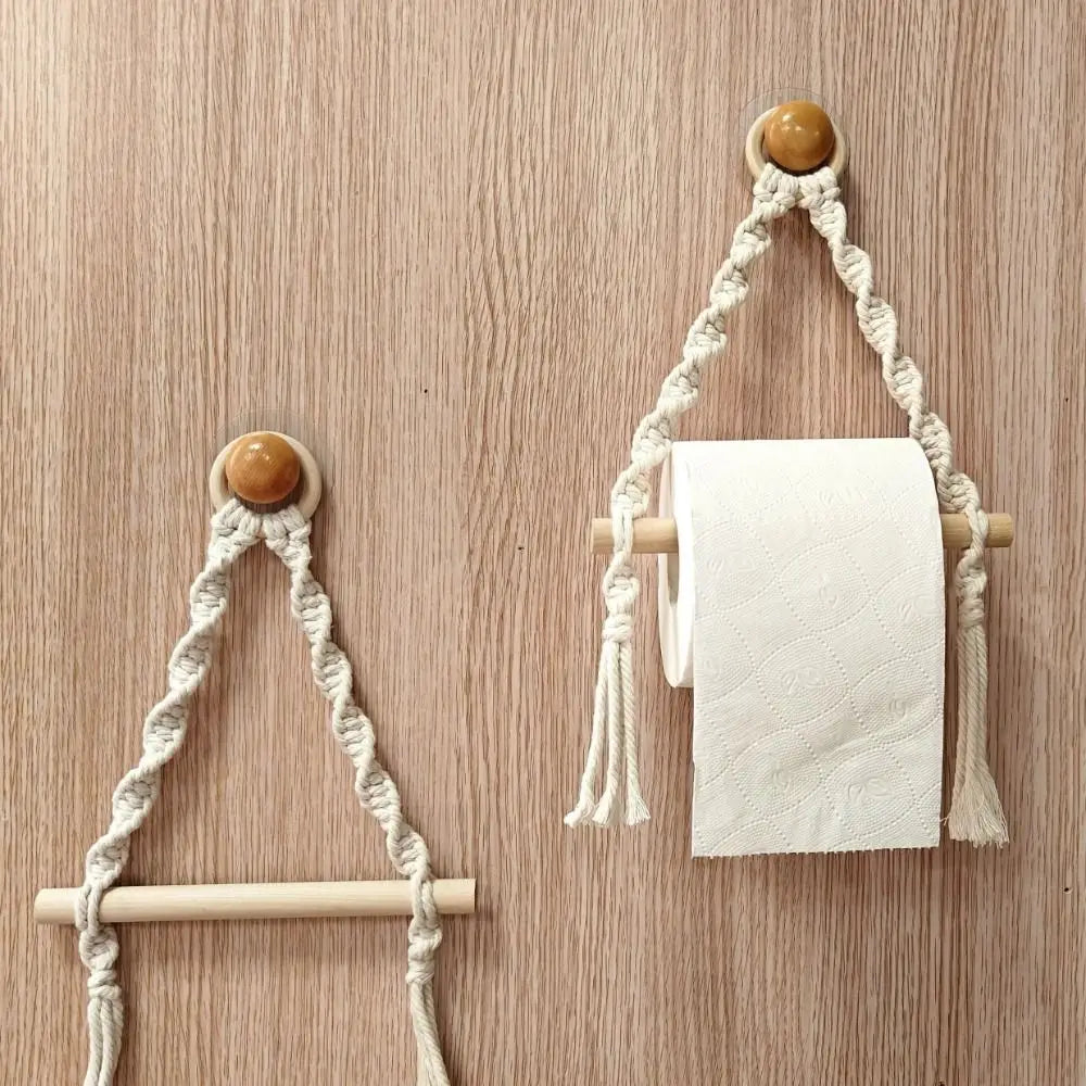 porte rouleau papier toilette macramé boho blanc noeuds bois décoratif chambre salle bain