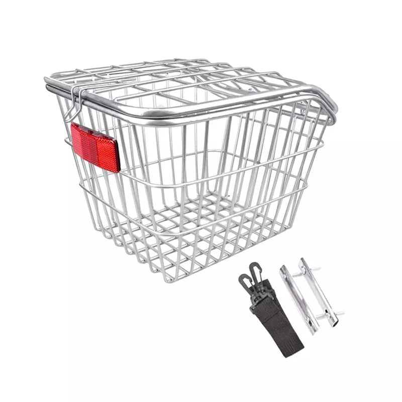 panier vélo arrière acier noir argenté treillis couvercle classique utilitaire fixations clips réflecteur rouge