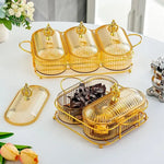 assiettes fruits divisées transparentes rayures horizontales moderne élégant couvercle support métallique doré