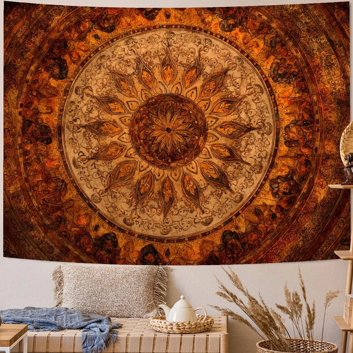 tapisserie bohème mandala orange marron chambre salon décoration murale ethnique scandinave