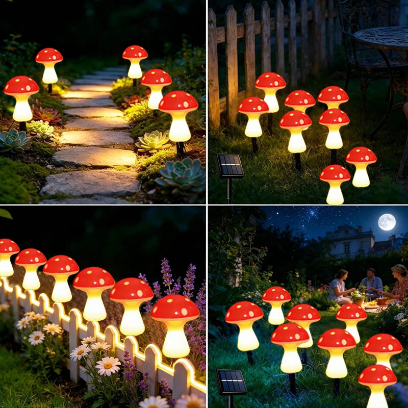 lampe solaire led champignon rouge blanche jaune moderne décoration extérieure jardin patio chemin ip65