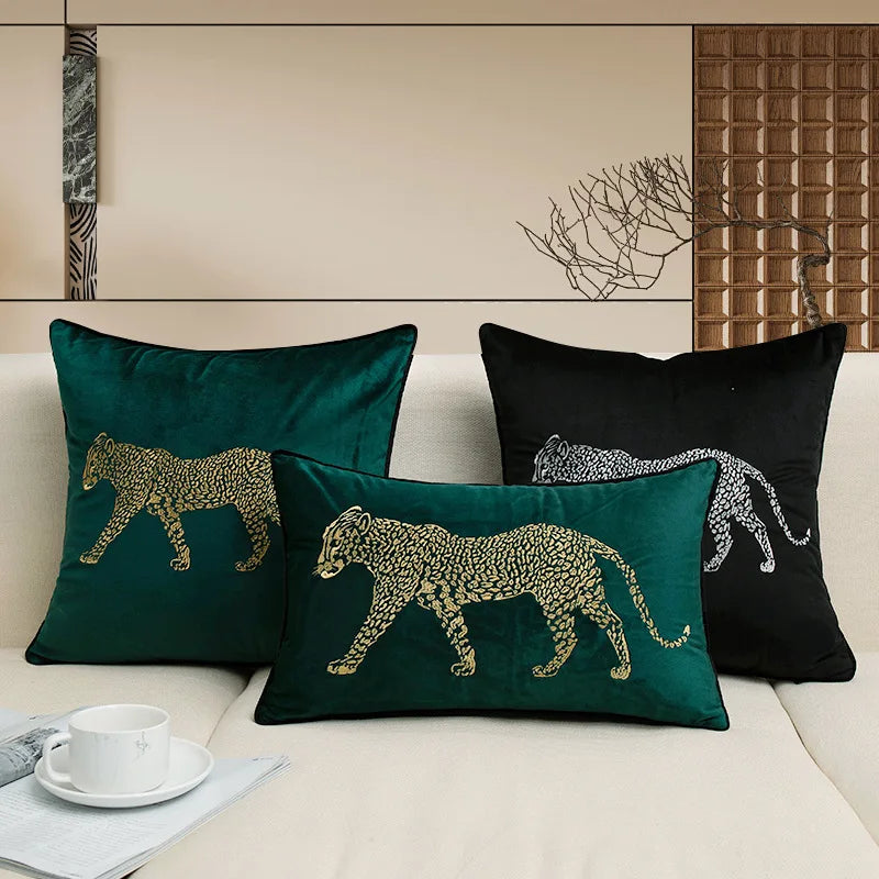 housse coussin brodée léopard velours élégante noir vert décorative maison voiture 45x45cm 30x50cm fixations