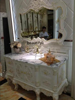 meuble salle bain blanc marbre ornements baroques vasque miroir accessoires classique autonome bois