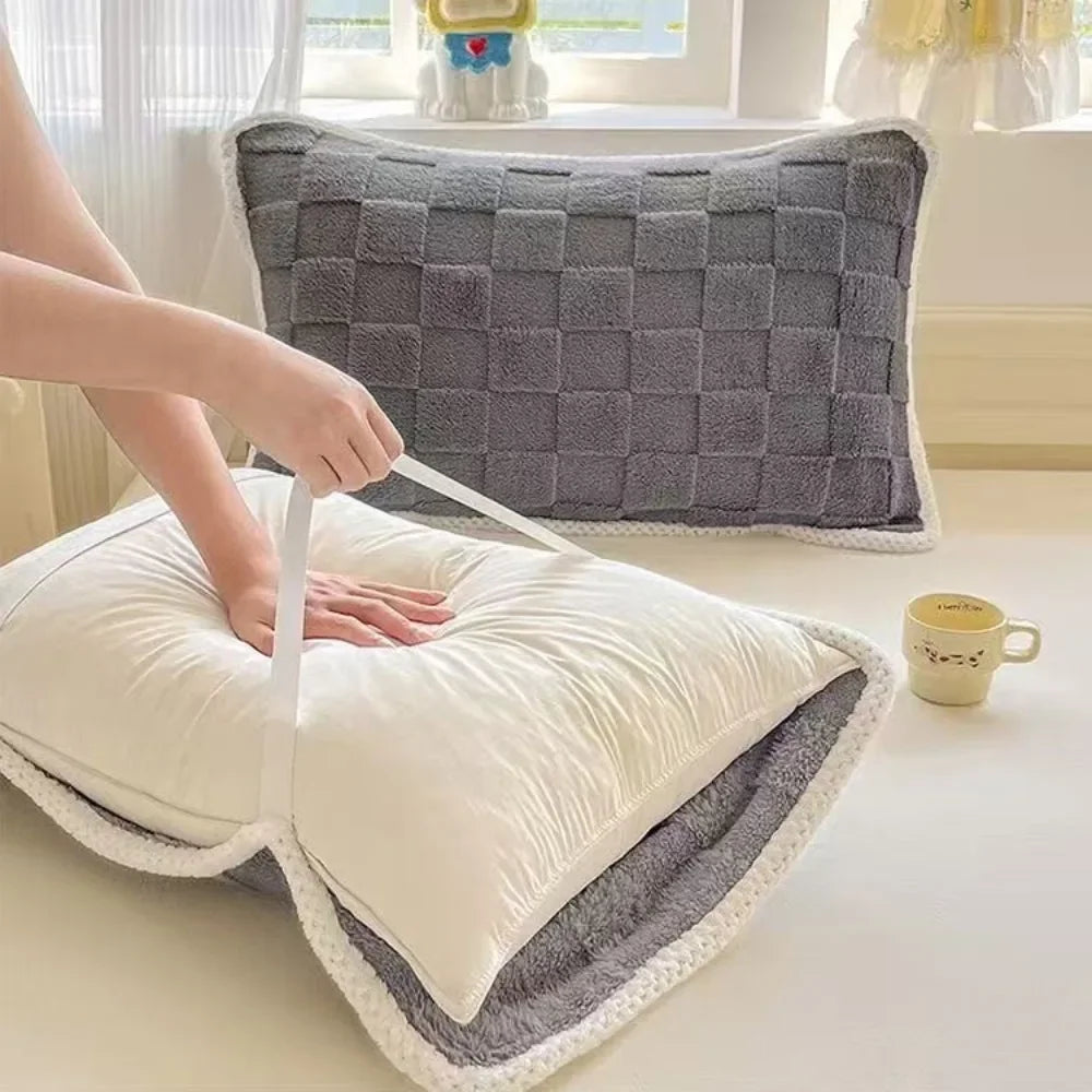 taies d'oreiller coton polyester motif carrés modernes vert gris rose opaques fixés coussin protection