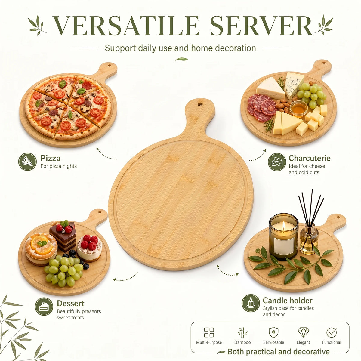 planche découper bambou rustique multifacteurs pizza charcuterie dessert servir garnir alimentos bếp gỗ tự
