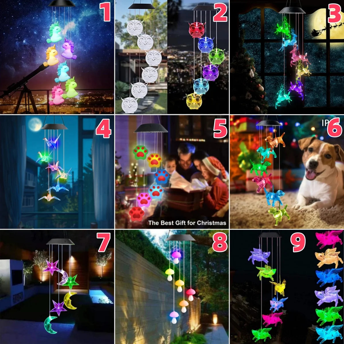 Mobile lumineux solaire multicolore figurines animales deco balcon jardinextérieur led