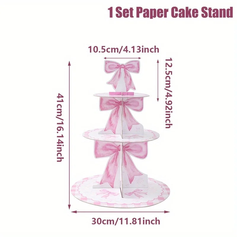 présentoir gâteaux trois niveaux papier rose blanc rubans aquarellés motifs carreaux décoration fête anniversaire