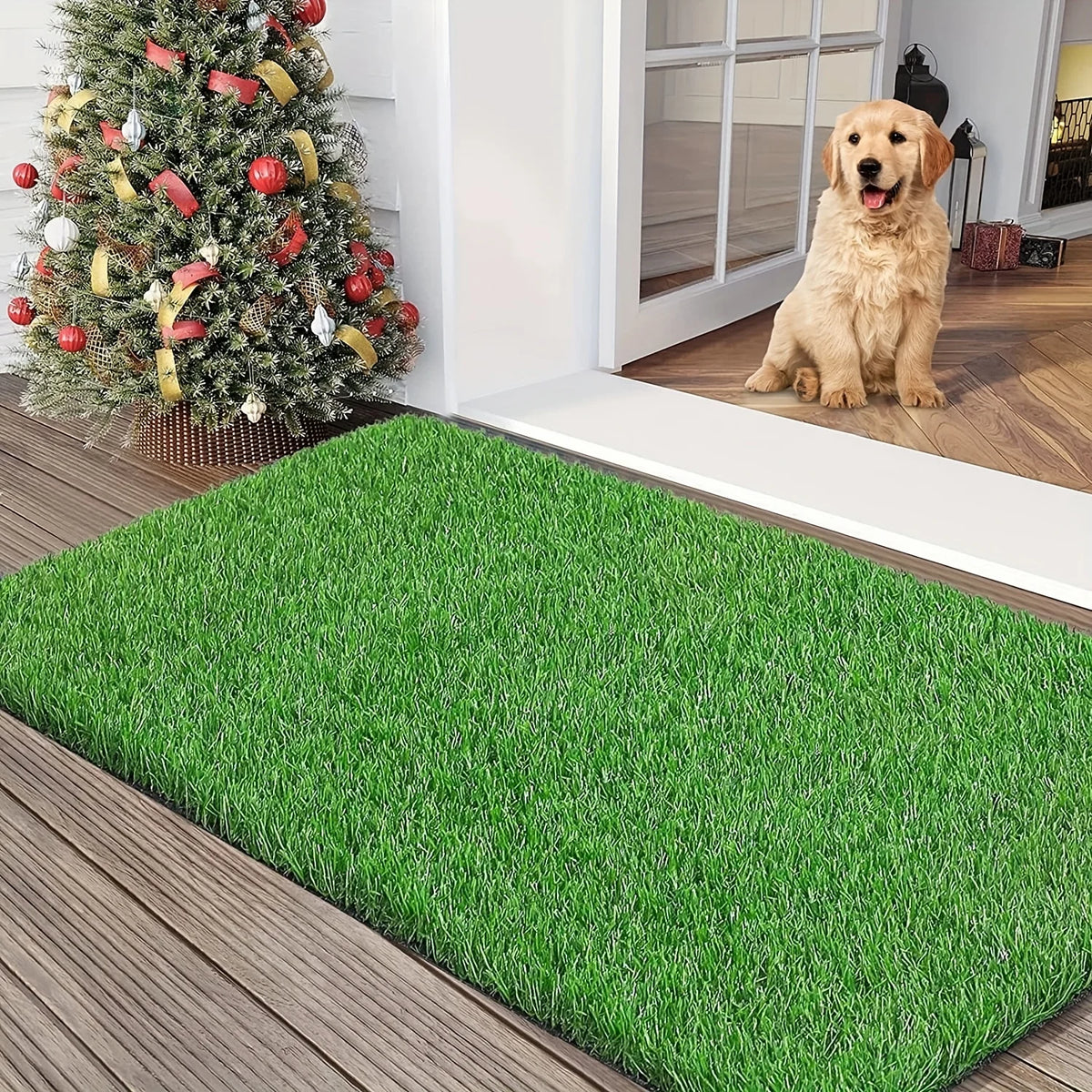 tapis pelouse artificielle herbe imitation extérieure chien golden retriever enfant arbre noel décoration festiveextérieur