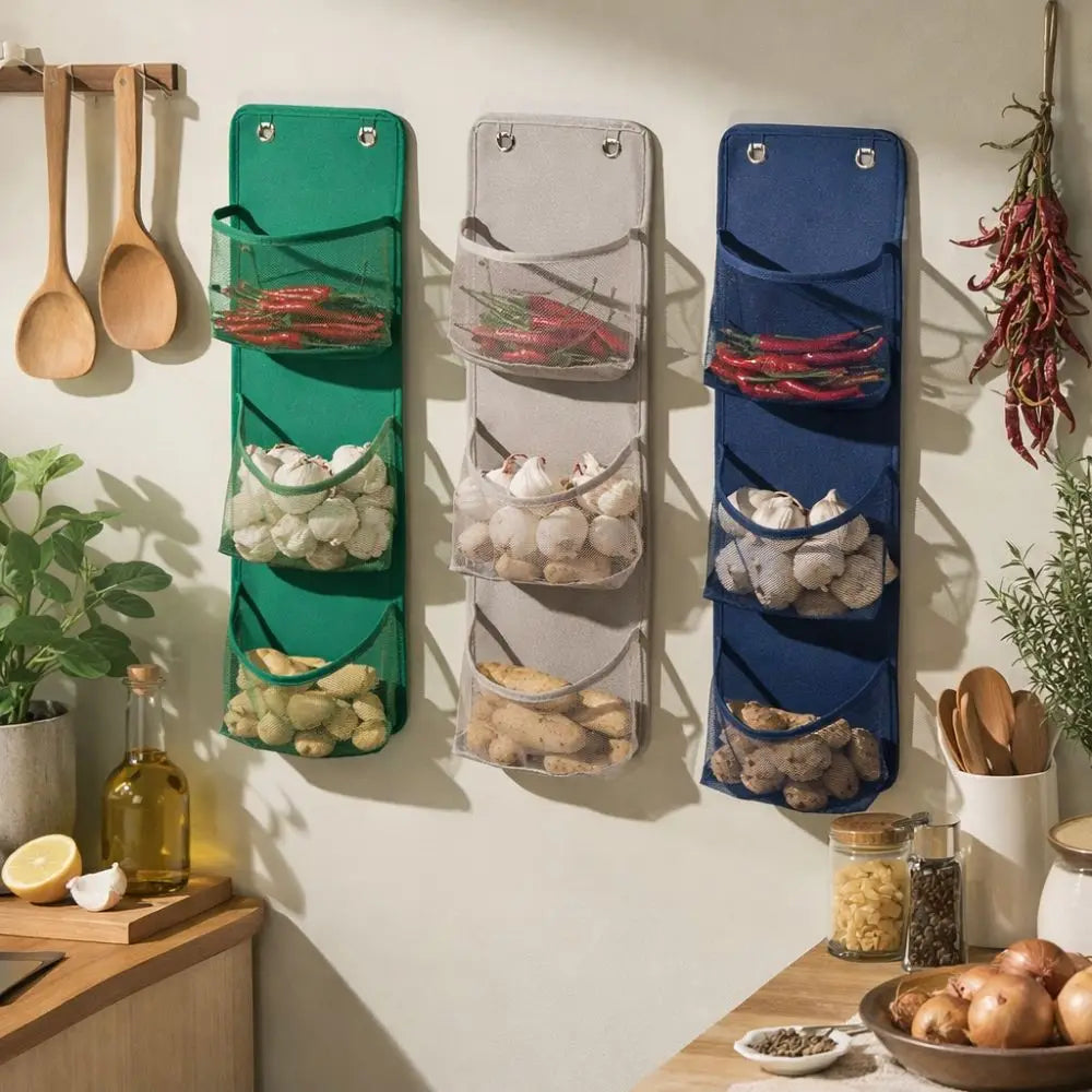 sac mural multi couches maille poignées compartiments rangement cuisine bain vert bleu gris moderne