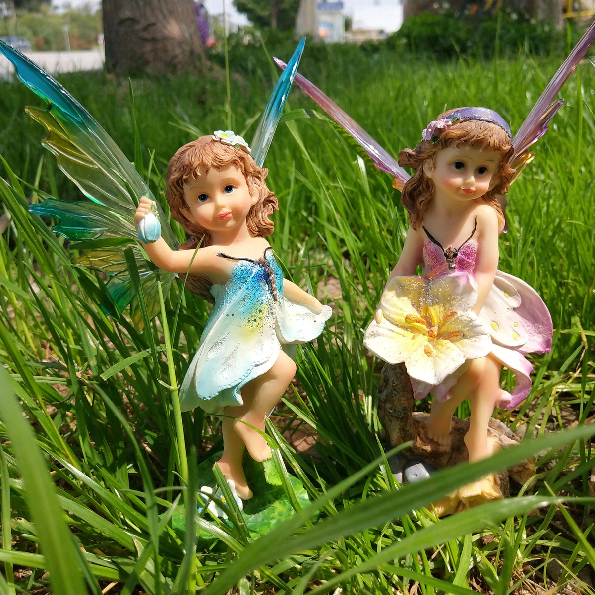 statues fées décoratives résine colorées ailes translucides robes ornées fleurs accessoires pastoralesextérieurintérieur