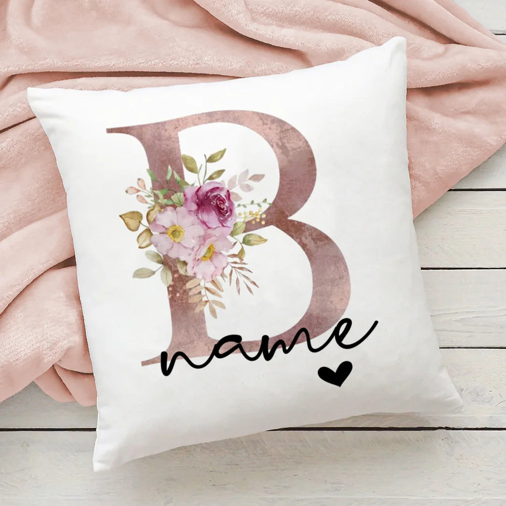 taie d'oreiller motif floral rose lettres initiales respectueux environnement moderne blanc