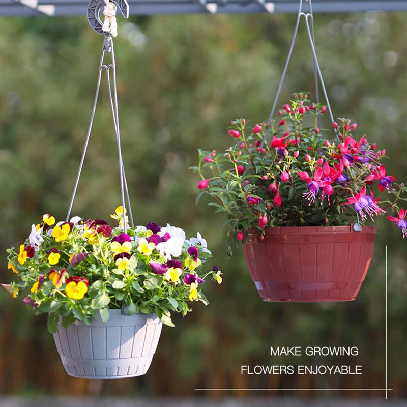 Pots suspendus fleurs plastique pp rayures bois gris marron moderne rustique okolets métalliques
