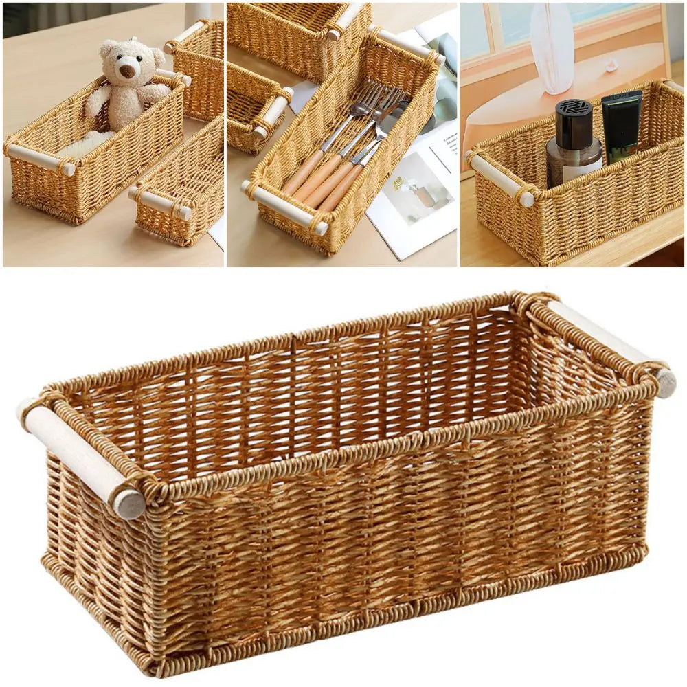 panier rangement tressé rustique bohème poignée bois ours peluche fleurs sèches petit moyen grand