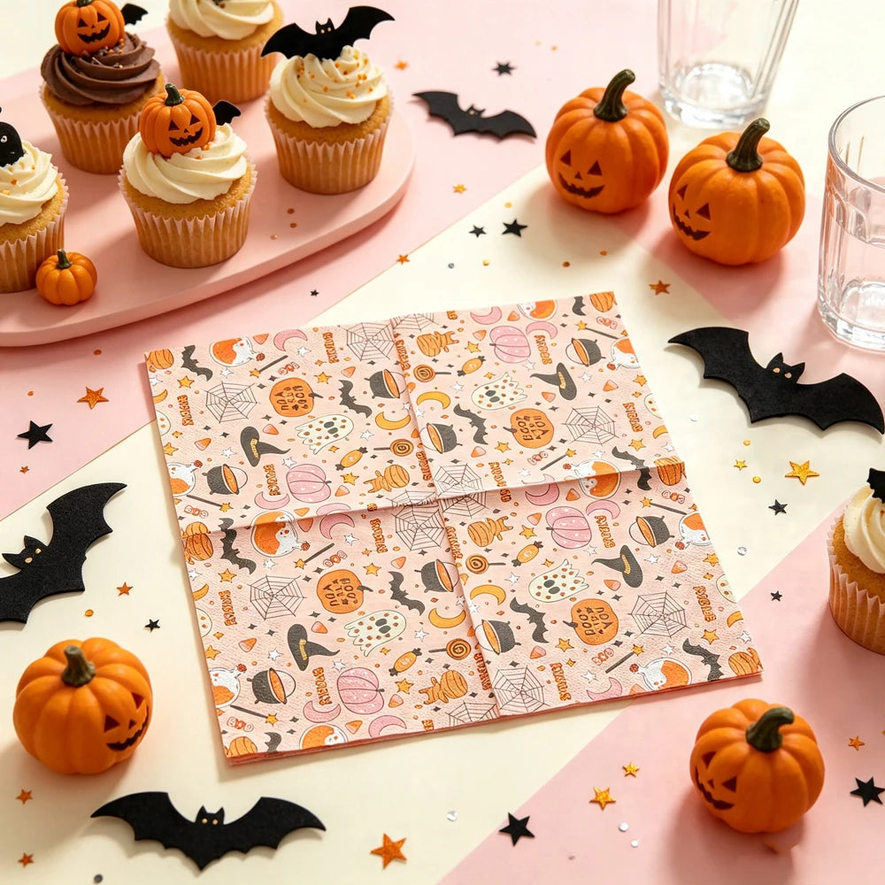 serviettes papier halloween fantômes citrouilles araignées rose clair orange noire festives table 33cm pack
