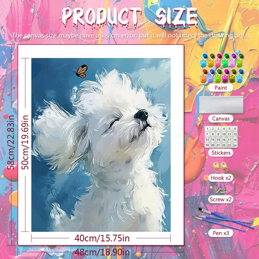 toile peinte chien papillon moderne blanche bleue noire abstraction pinceaux vis crochets crafts decoration