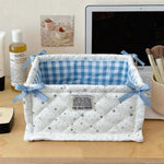 panier rangement tissu polyestère bleu clair rayures horizontales pliable utilisation multiple moderne décoratif rubans