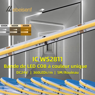 Ruban LED COB WS2811 5m 360 LEDs adressable blanc chaud salle de bain