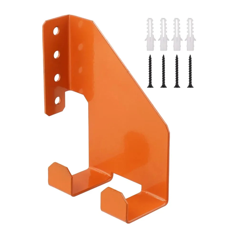 support mural industriel noir orange outils jardin vis cheville fixations robustes tronçonneuse pelles multifonctionnels
