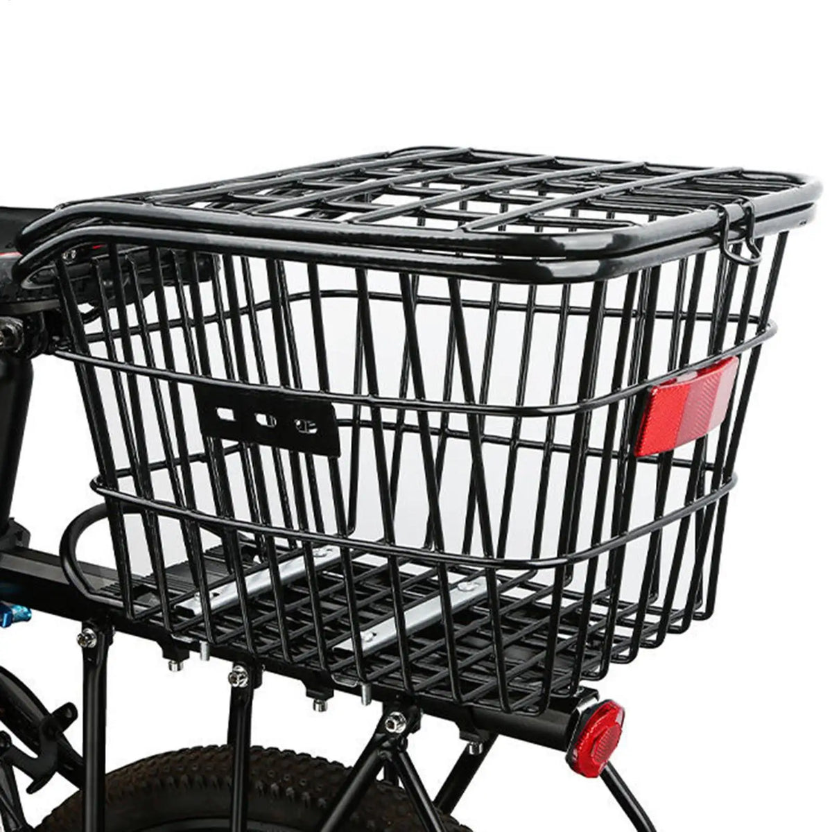 panier vélo arrière acier noir clips moderne maille métallique couvercle vis poignée