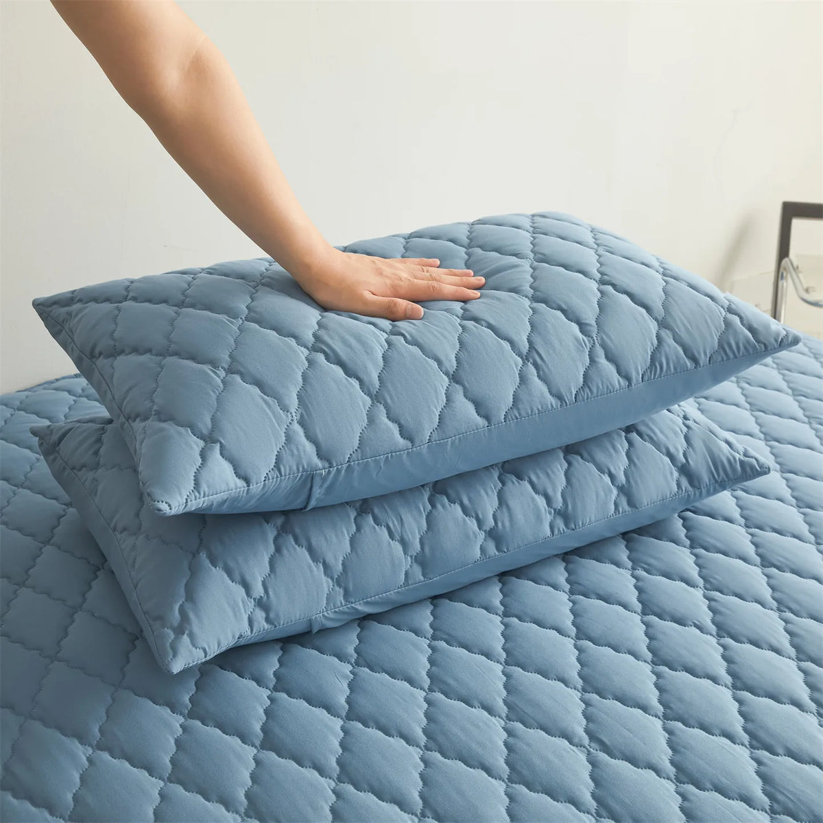 taies d'oreiller imperméables patchwork bleu moderne maison carreaux géométriques polyester 300 fils