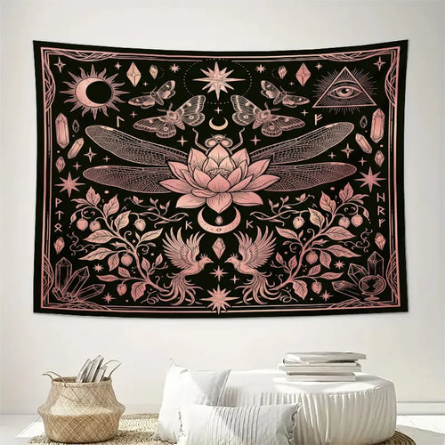 tapisserie décoration maison motif floral insectes symboles lune oeil cristal noir rose pâle