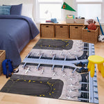 tapis jeu enfant aéroport piste avion décoratif chambre salon gris bleu blanc moderne