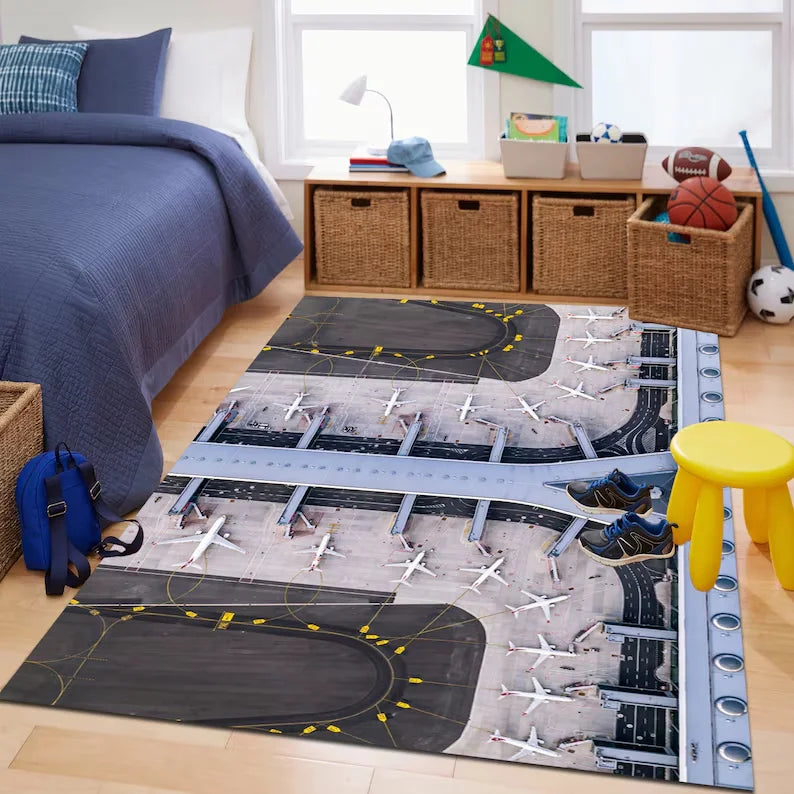 tapis jeu enfant aéroport piste avion décoratif chambre salon gris bleu blanc moderne