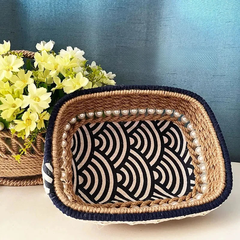 panier rangement boho marron beige vert motifs floraux rustique
