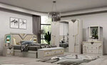 lit tête capitonnée armoire coulissante commode miroir chambre moderne blanc doré